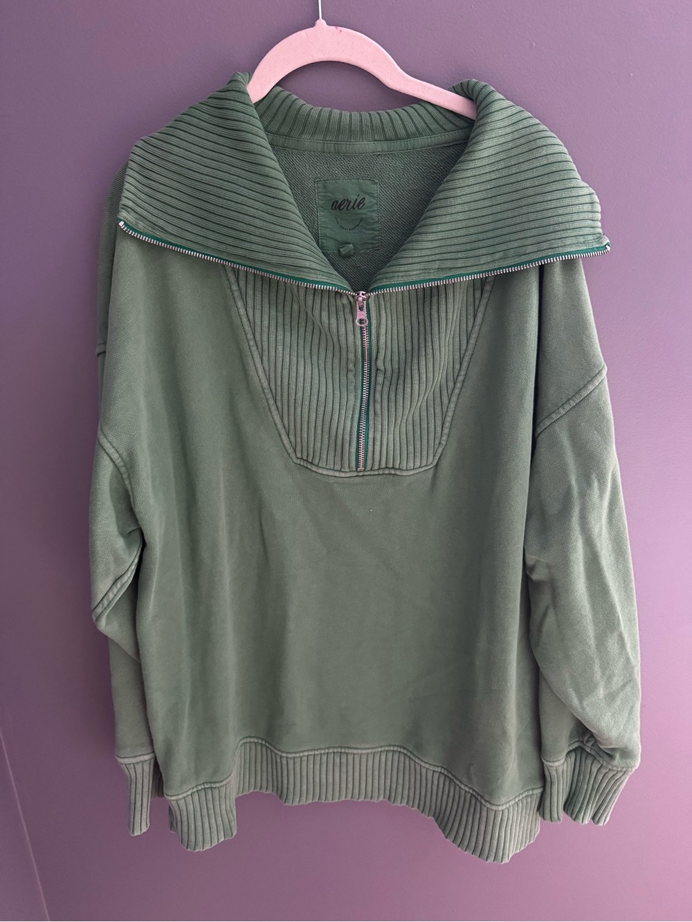 aerie Olive Green Ribbed Half-Zip Turtleneck Sweater